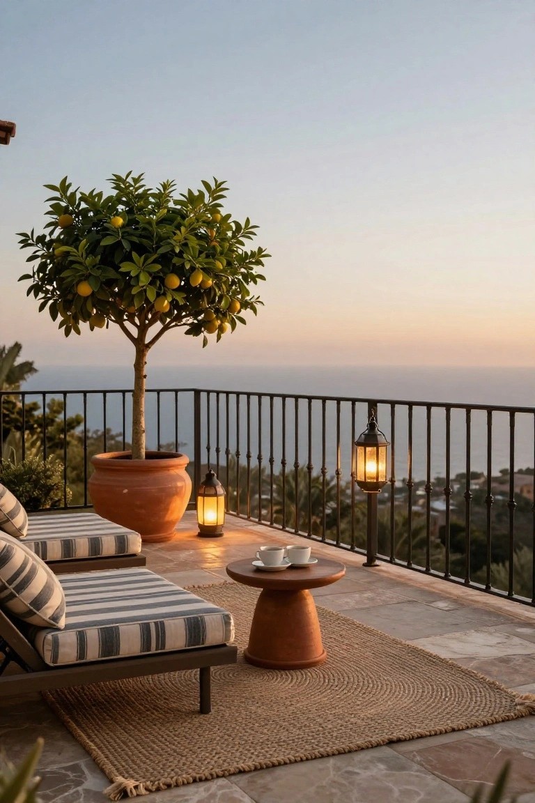 Balcony terrace featuring two striped lounge chairs around a terracotta side table with coffee cups, a large potted lemon tree, lit terracotta and hanging lanterns, black metal railing, and ocean view at sunset.