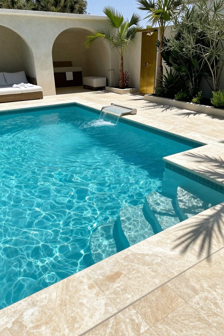 Rectangular turquoise pool with travertine tile surround, built-in steps, small waterfall feature, adjacent outdoor lounge with white cushions under arches, palm trees, and plants.