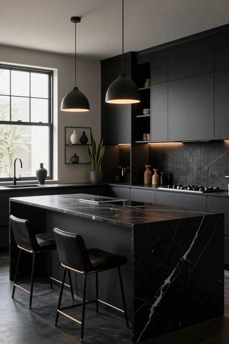 Modern kitchen with matte black cabinets, black marble island featuring veined countertop and built-in cooktop, two black leather bar stools with brass legs, black pendant lights, and a window with plants nearby.