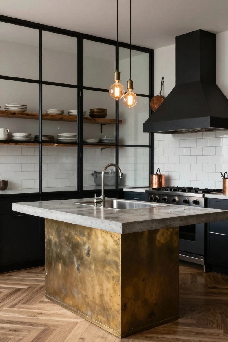Modern kitchen with central island featuring brass-clad pedestal base and concrete countertop, black cabinets, glass-fronted black metal shelving unit, stainless sink, black range hood, copper pots, and herringbone wood flooring.