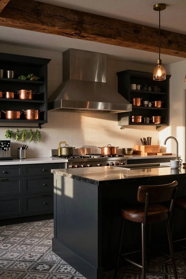 Modern kitchen interior with dark navy cabinets, open shelves holding copper pots and pans, stainless steel range hood, wood beam ceiling, brass faucet, and black island with leather bar stool.