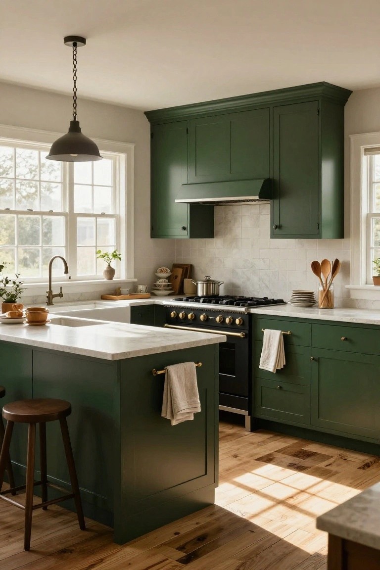 Kitchen interior with deep green shaker-style cabinets on uppers, lowers, and island, white marble countertops and backsplash, brass faucet and hardware, black range with gold knobs, farmhouse sink, wooden bar stools, and large windows with natural light.