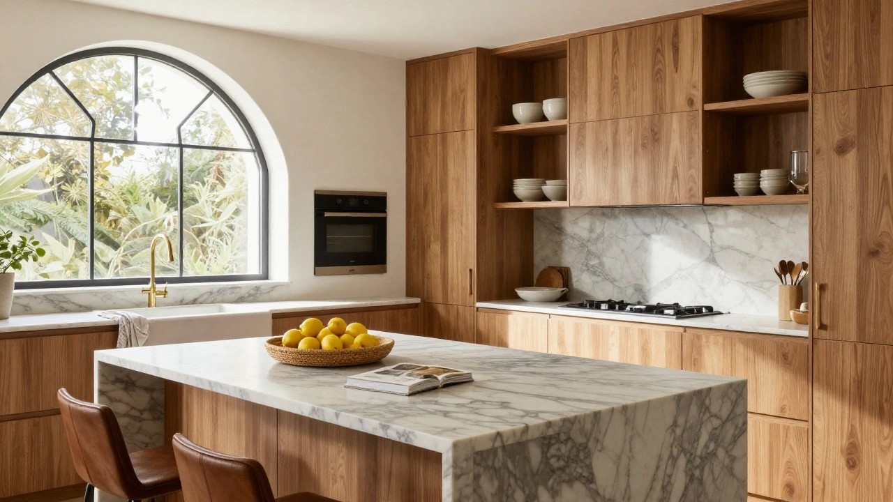 Modern kitchen interior with light oak wood cabinets and island, white marble countertops, brass faucet, wooden bar stools, gas cooktop, built-in oven, and an arched window letting in sunlight.
