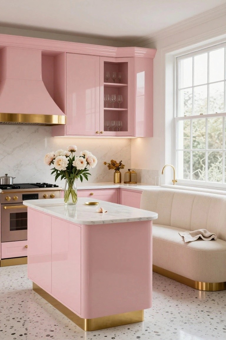 Corner kitchen with glossy pink cabinets, gold-trimmed range hood and island base, white marble counters and backsplash, peonies on the cooktop island, cream bench seating, terrazzo floor, and large window.