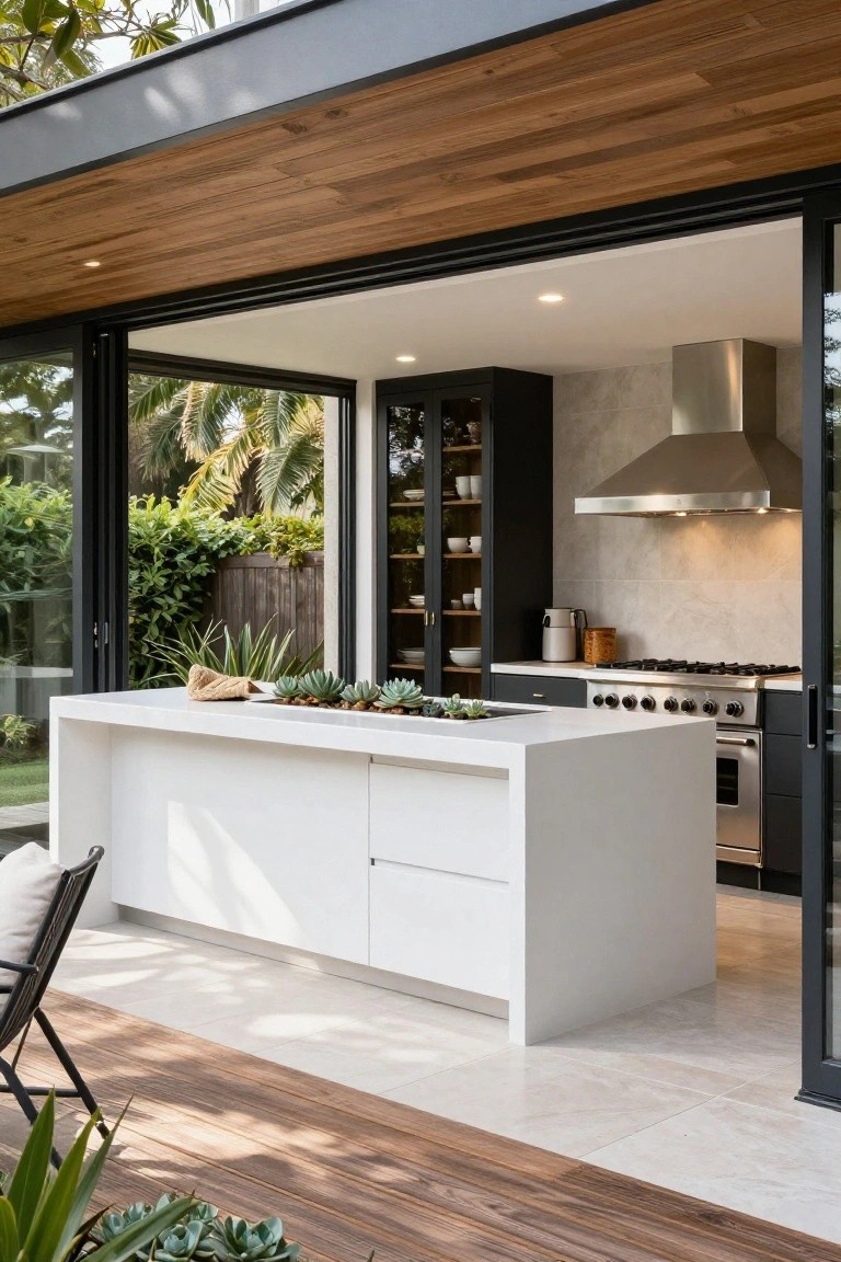 Modern kitchen interior with white stone island, black cabinets, stainless steel range hood and oven, open black-framed sliding glass doors leading to a wooden deck with plants and garden beyond.