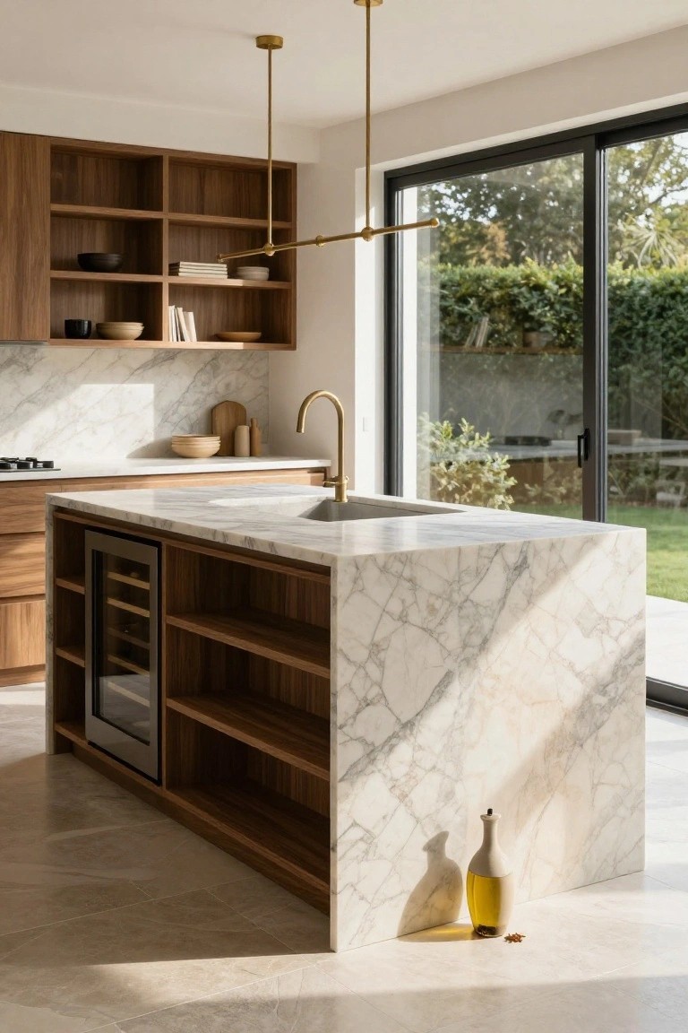 Modern kitchen interior with wooden cabinets, large central island topped in white marble featuring a built-in wine cooler and brass faucet sink, open shelving, and sliding glass doors to a garden view.