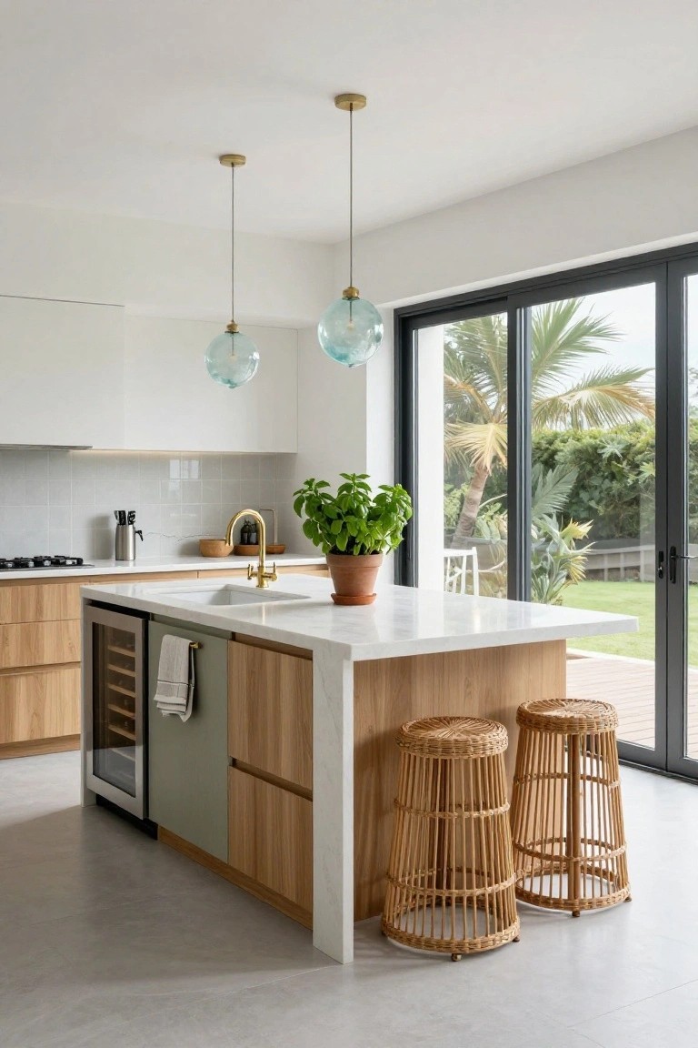 Modern white and oak kitchen with marble island, gold pendant lights, rattan barstools, herb plant, and large black-framed sliding glass doors opening to a backyard with palm trees and lawn.
