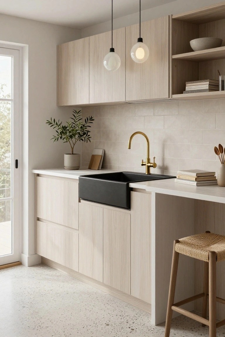 Modern kitchen with light oak cabinets, black apron-front sink, gold gooseneck faucet, white quartz countertop, beige subway tile backsplash, terrazzo flooring, rattan bar stool, potted olive tree, and open shelves near a glass door.