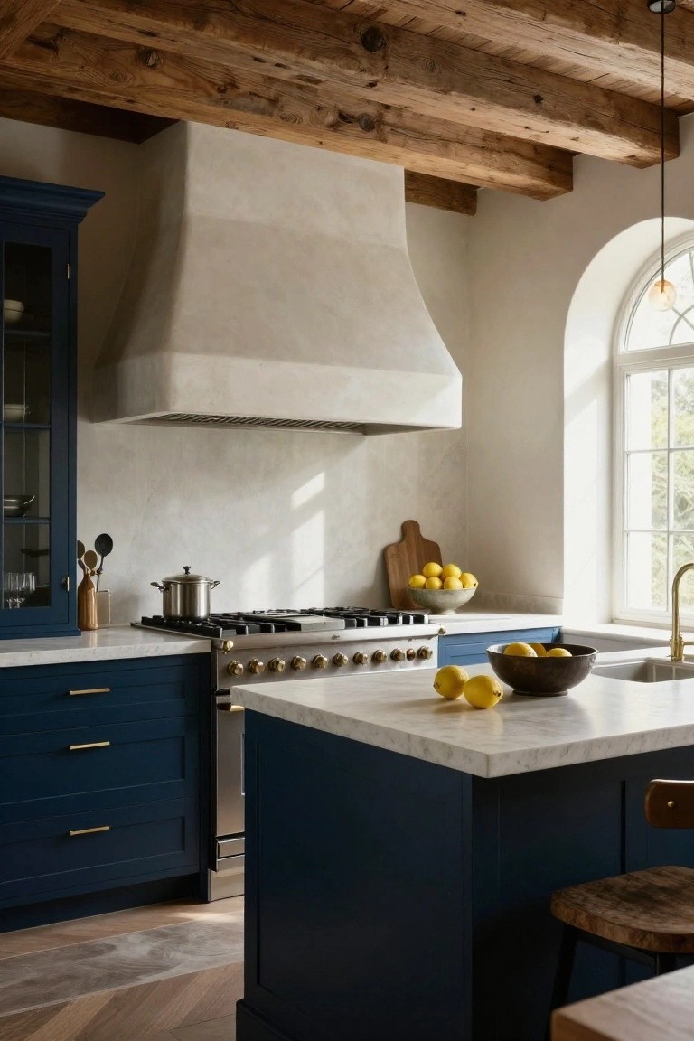 Kitchen with navy blue cabinets and island, curved white plaster range hood, exposed wooden ceiling beams, marble countertops, gold range, and arched window.