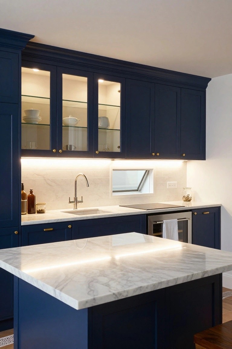 Kitchen interior with navy blue shaker-style cabinets, glass-front upper cabinets holding white dishes, white marble countertops and island, stainless steel sink and appliances, and LED under-cabinet lighting.