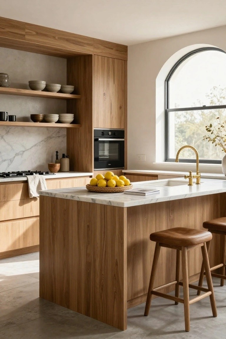 Modern kitchen interior with light oak wood cabinets and island, white marble countertops, brass faucet, wooden bar stools, gas cooktop, built-in oven, and an arched window letting in sunlight.