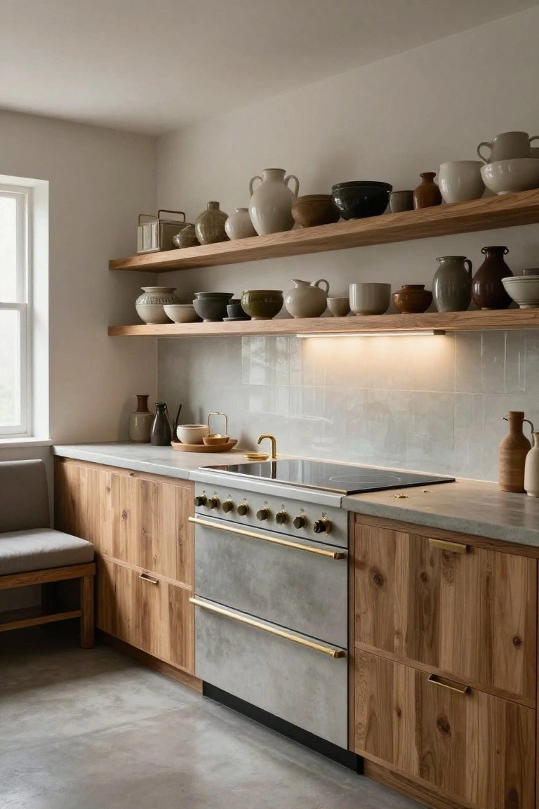 Modern kitchen with floating oak shelves displaying assorted beige and brown ceramic pots, bowls, and vases above concrete countertops, wooden cabinets, and a stainless steel range cooker.