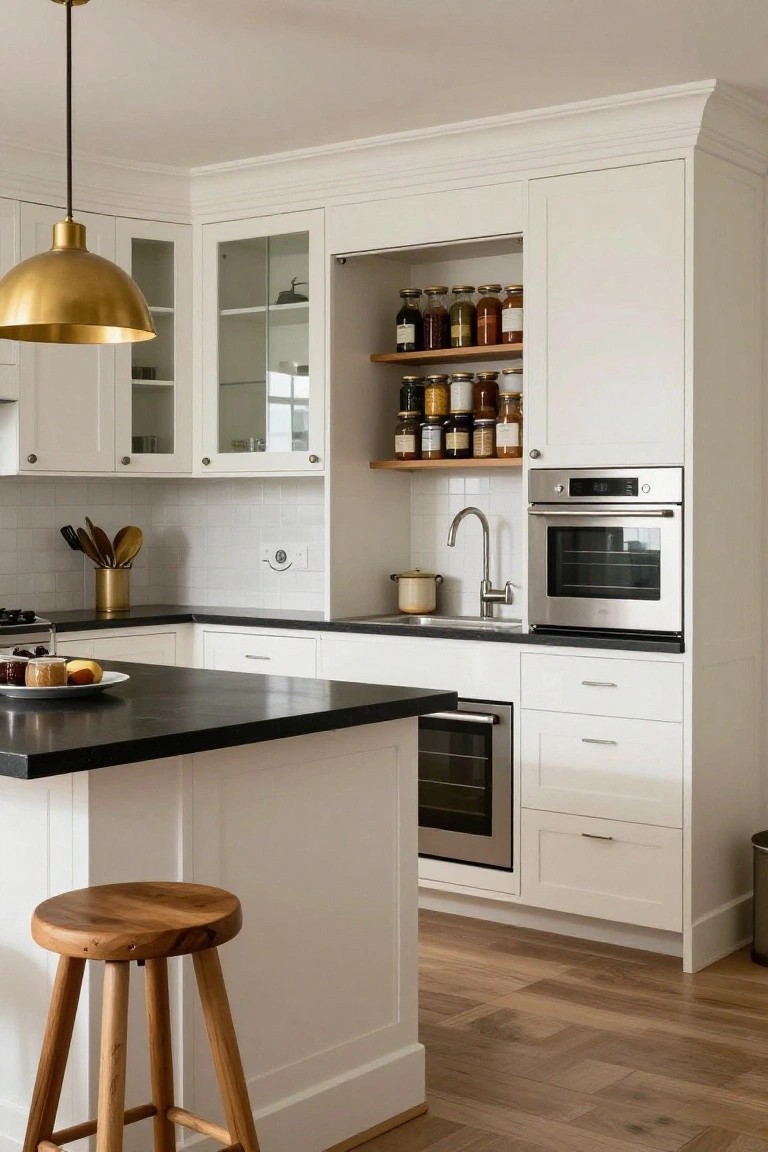 White shaker-style kitchen cabinets with open wood shelves above displaying jars of spices and preserves, black granite countertops, stainless steel oven and sink, gold pendant light, wooden stool at island, and hardwood floors.