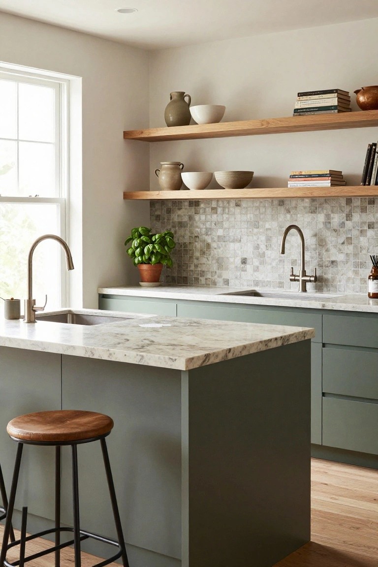 Modern kitchen interior with sage green lower cabinets and island, white marble countertops, double sink with gooseneck faucet, open oak shelving holding pottery and books, potted herbs, and wooden bar stools on oak flooring.