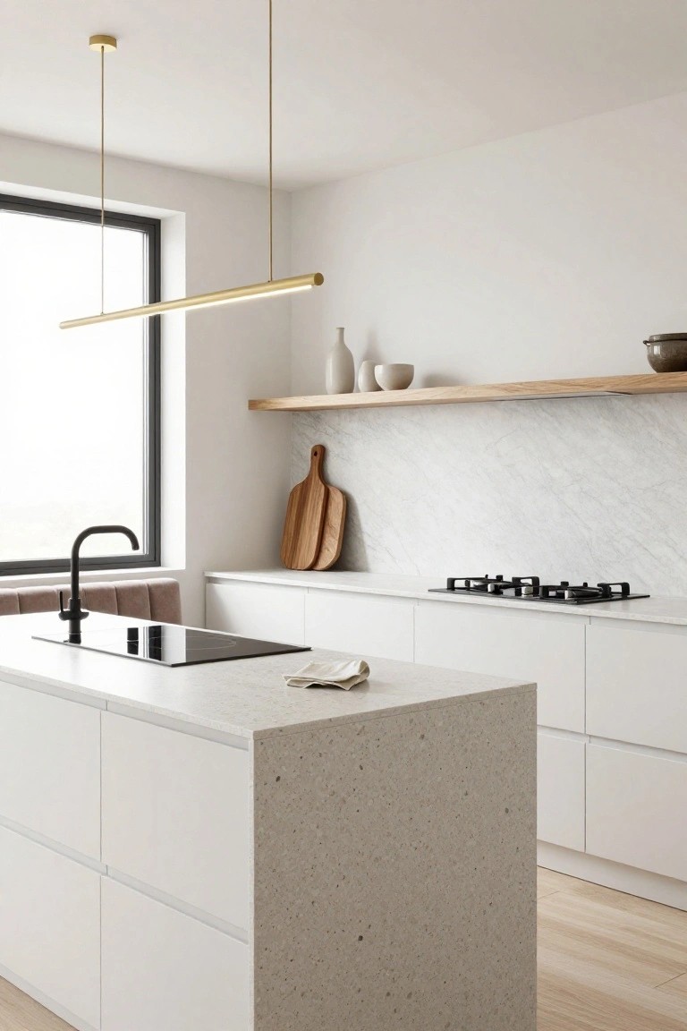 Modern white kitchen with central island featuring light beige terrazzo-style countertop, gold linear pendant light hanging above, oak floating shelves, white cabinets, and marble tile backsplash.