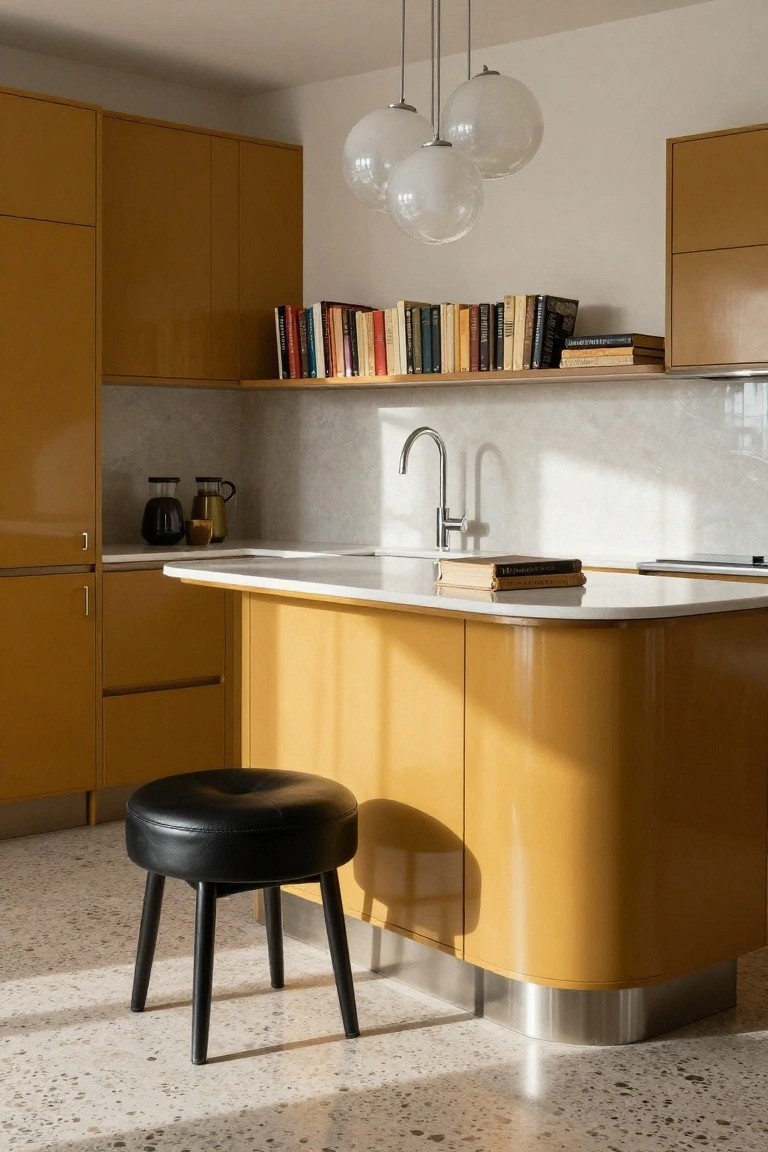 Modern kitchen interior featuring glossy mustard-yellow cabinets, curved white countertop island with black leather stool, glass pendant lights, books on shelves, and terrazzo tile floor.