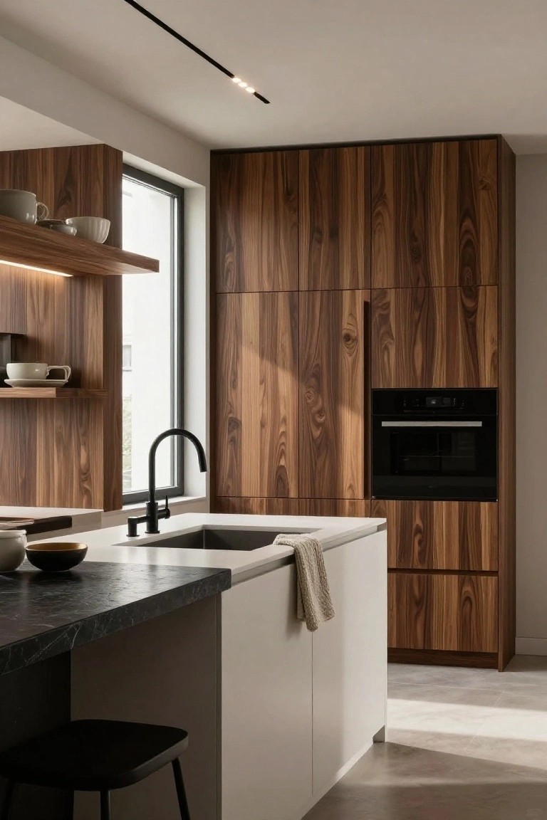 Modern kitchen with tall walnut wood veneer cabinets, white island base, black marble countertop, black gooseneck faucet, integrated oven, and open wood shelving near a window.