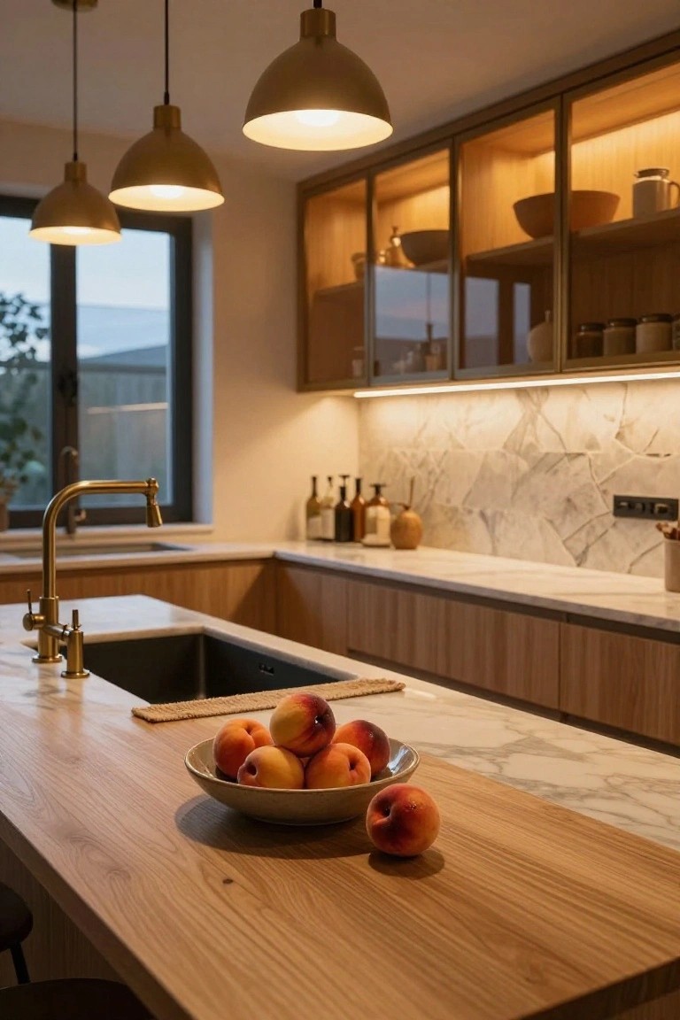 Modern kitchen with light wood cabinets and island topped by oak wood, white marble counters and veined backsplash, brass faucet over black sink, glass-front upper cabinets, pendant lights, and bowl of peaches on the island.