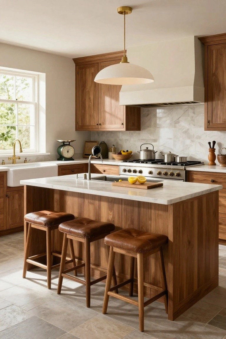 Modern kitchen with warm wood cabinetry and island topped by white marble, three brown leather bar stools at the island, stainless steel range, white farmhouse sink, and window with natural light.