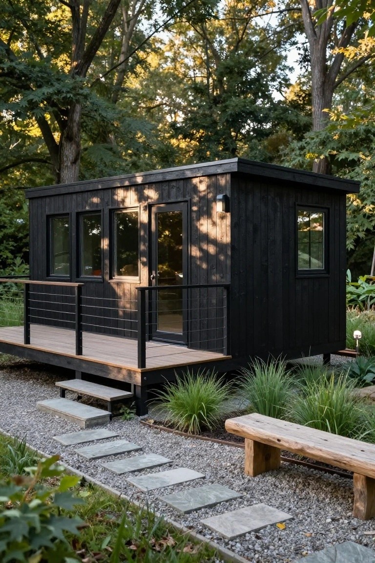 Small black vertical wood-clad prefab cabin with large glass door and windows on a wooden deck with metal railing, approached by stone steps and gravel path amid grasses, bench, and trees.