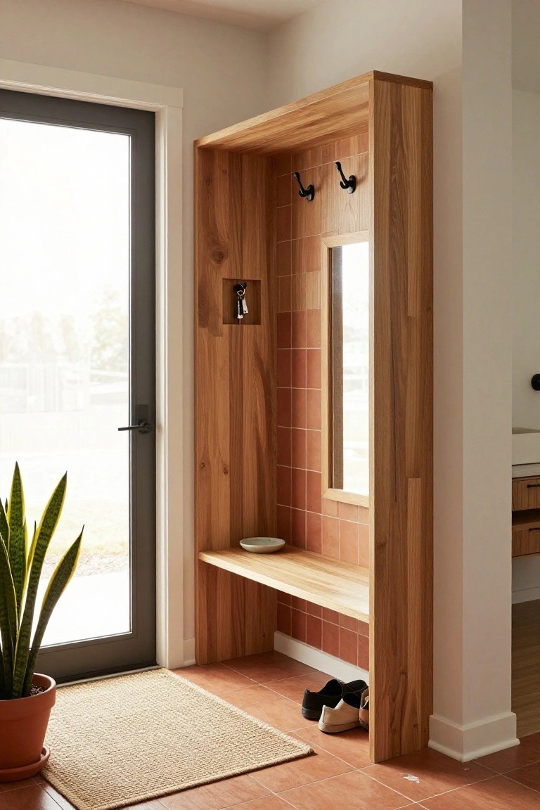 Wooden framed entryway unit with red tiled inserts, coat hooks, narrow mirror, key holder niche, bench shelf, potted snake plant, shoes on terracotta tile floor, and glass door nearby.