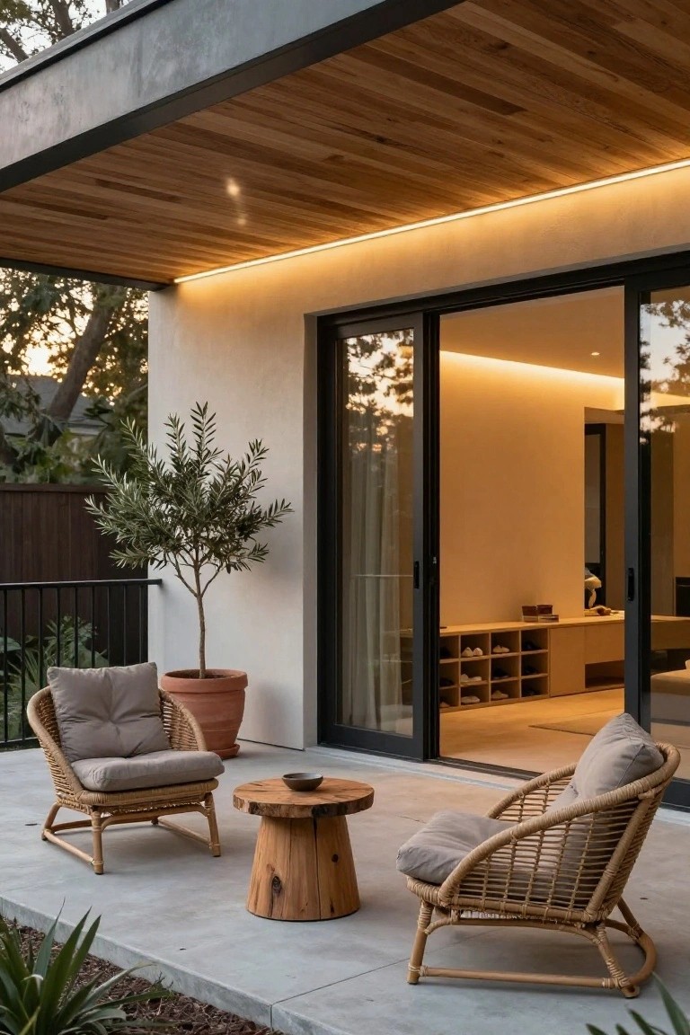 Covered concrete patio with two beige-cushioned rattan lounge chairs, wooden stump side table, potted olive tree, black metal railing, and large sliding glass doors opening to beige interior with wood shelves.
