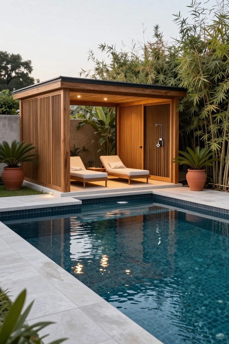 Wooden slatted pavilion with two beige loungers and an outdoor shower next to a small rectangular pool with dark blue mosaic tiles, surrounded by potted plants and bamboo screening.