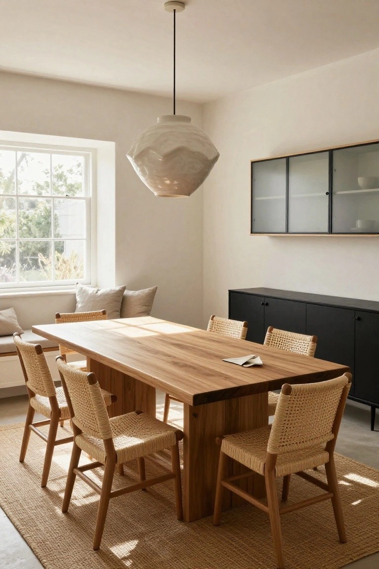 A sunlit dining room with a rectangular light wood table, six rattan chairs with wood frames, a built-in window bench with beige cushions, black sideboard cabinets, and a large white ceramic pendant light.