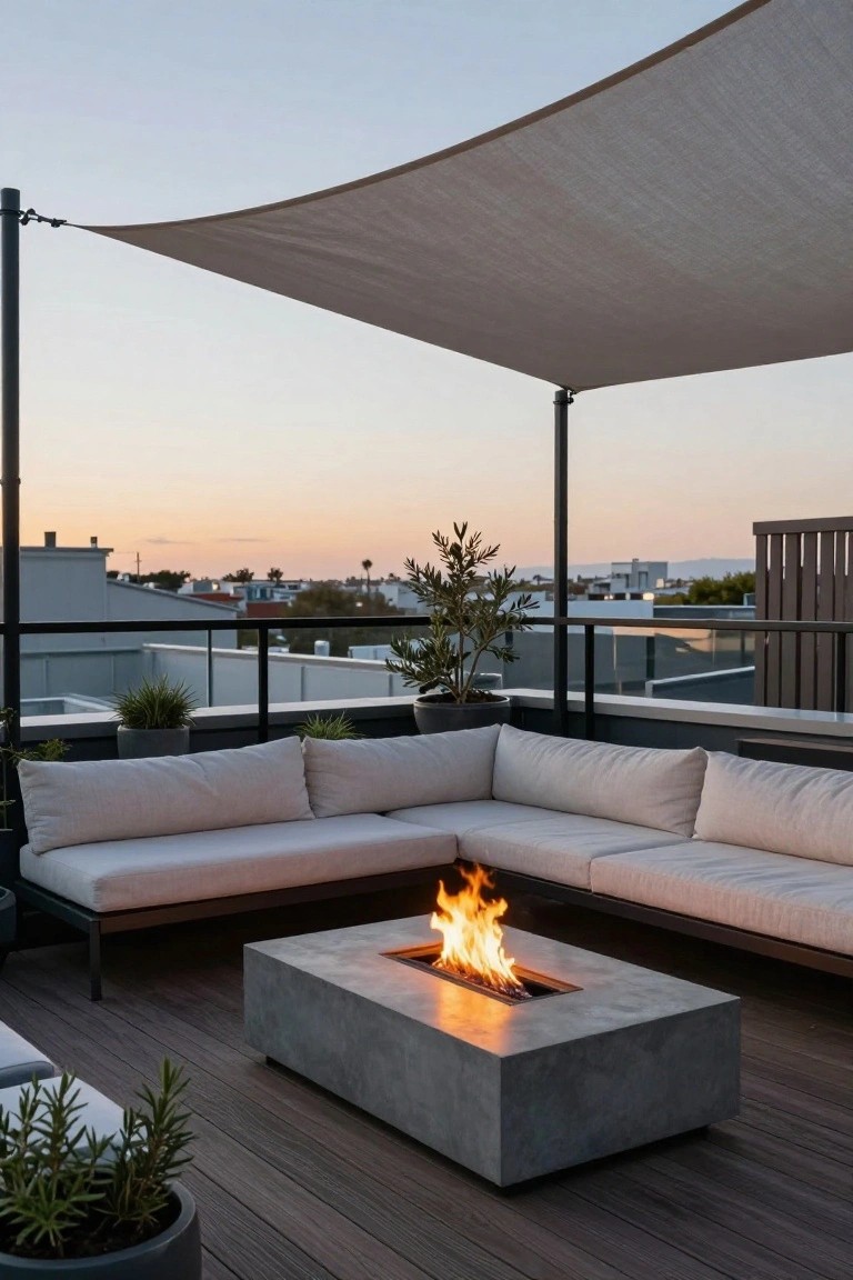 Rooftop deck with L-shaped beige sofa arranged around a rectangular concrete gas fire table with orange flames, potted plants, beige shade sail overhead, and urban view at sunset.