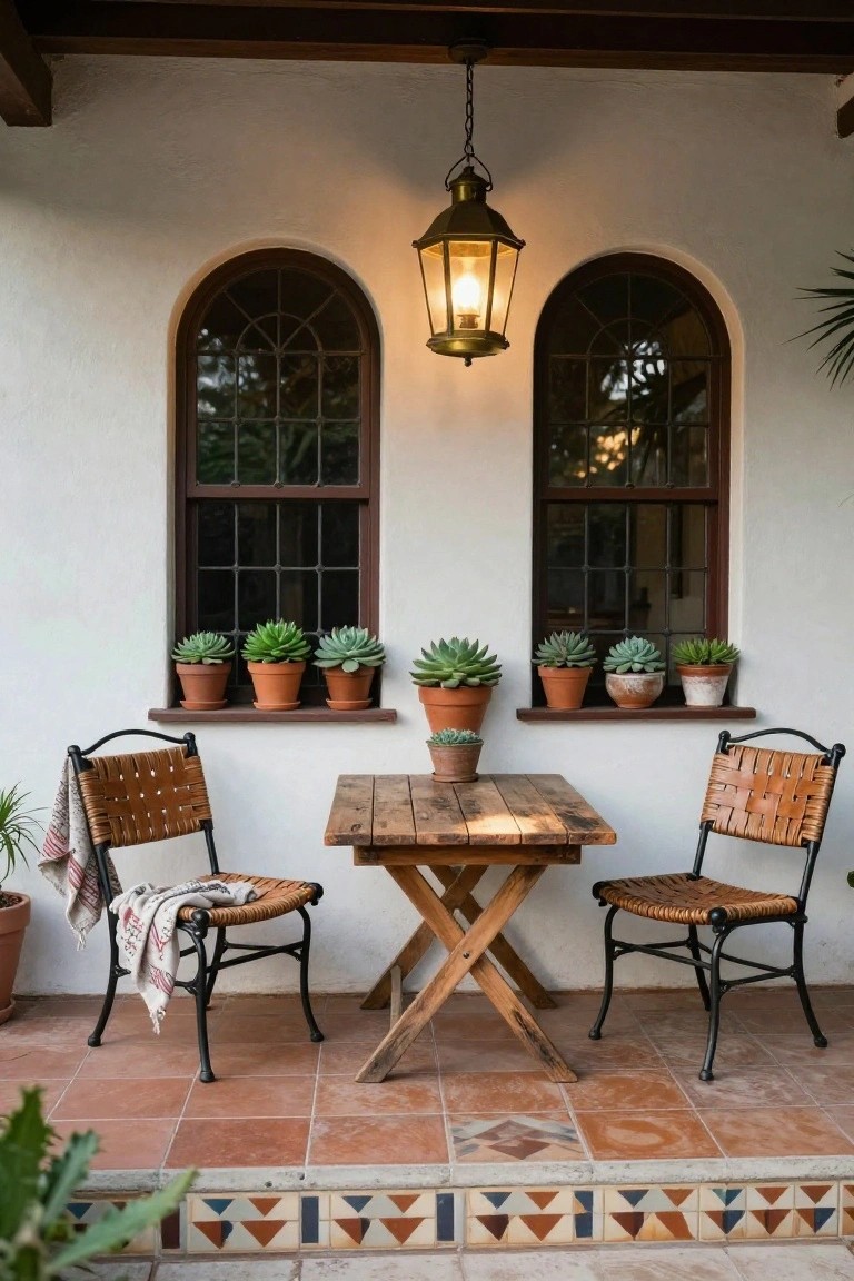 Rustic wooden table and two black metal chairs with woven tan leather seats on a terracotta-tiled porch under arched windows with potted succulents on the sills and a hanging brass lantern.