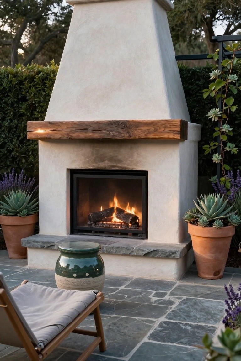 Outdoor stucco chimney with dark wood beam mantel above a burning gas fireplace, flanked by potted agave and lavender plants, a green ceramic stool, and a gray lounge chair on gray slate patio tiles.