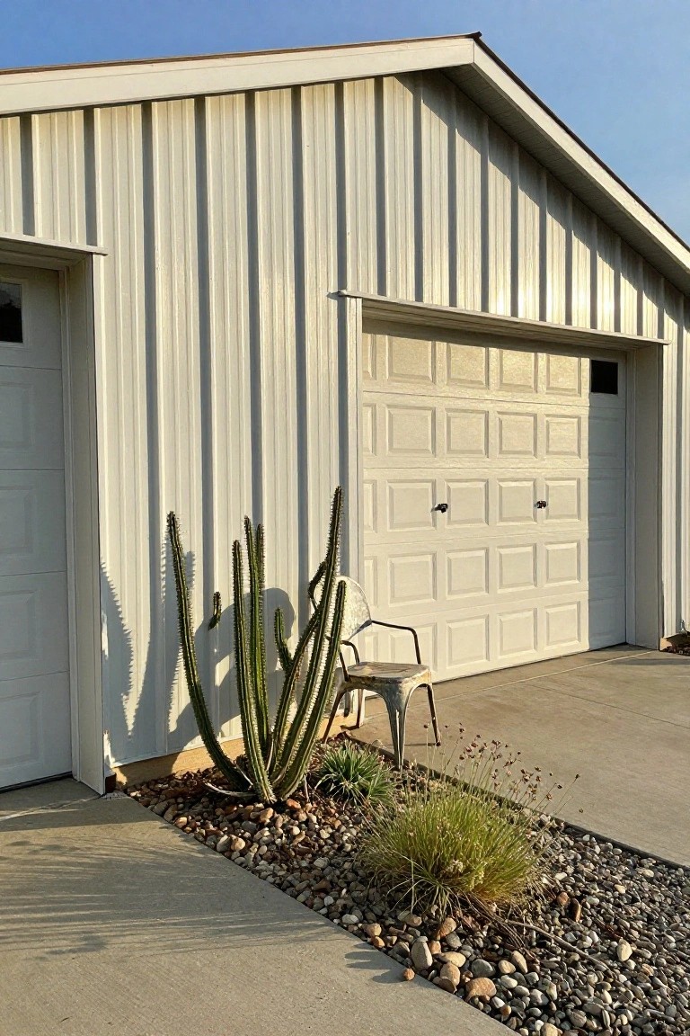 Side view of a light gray corrugated metal barn-style garage with two white paneled garage doors, a tall spiny cactus plant next to a metal chair, and a small landscaped bed of rocks and grasses in front.