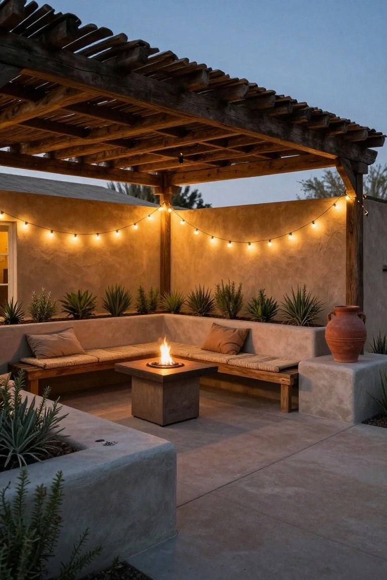 Desert-style outdoor patio at dusk under a wooden pergola with string lights, featuring L-shaped built-in beige concrete benches with beige cushions surrounding a square gas fire pit table, succulents in planters, a large terracotta pot, and adobe walls.