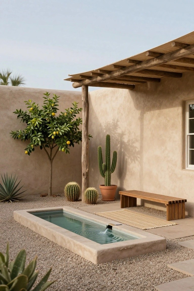 Adobe walled outdoor courtyard featuring a long shallow turquoise pool with a fountain, gravel ground covered in pebbles, potted cacti and agave plants, a lemon tree, wooden bench on a rug, and shaded pergola structure.