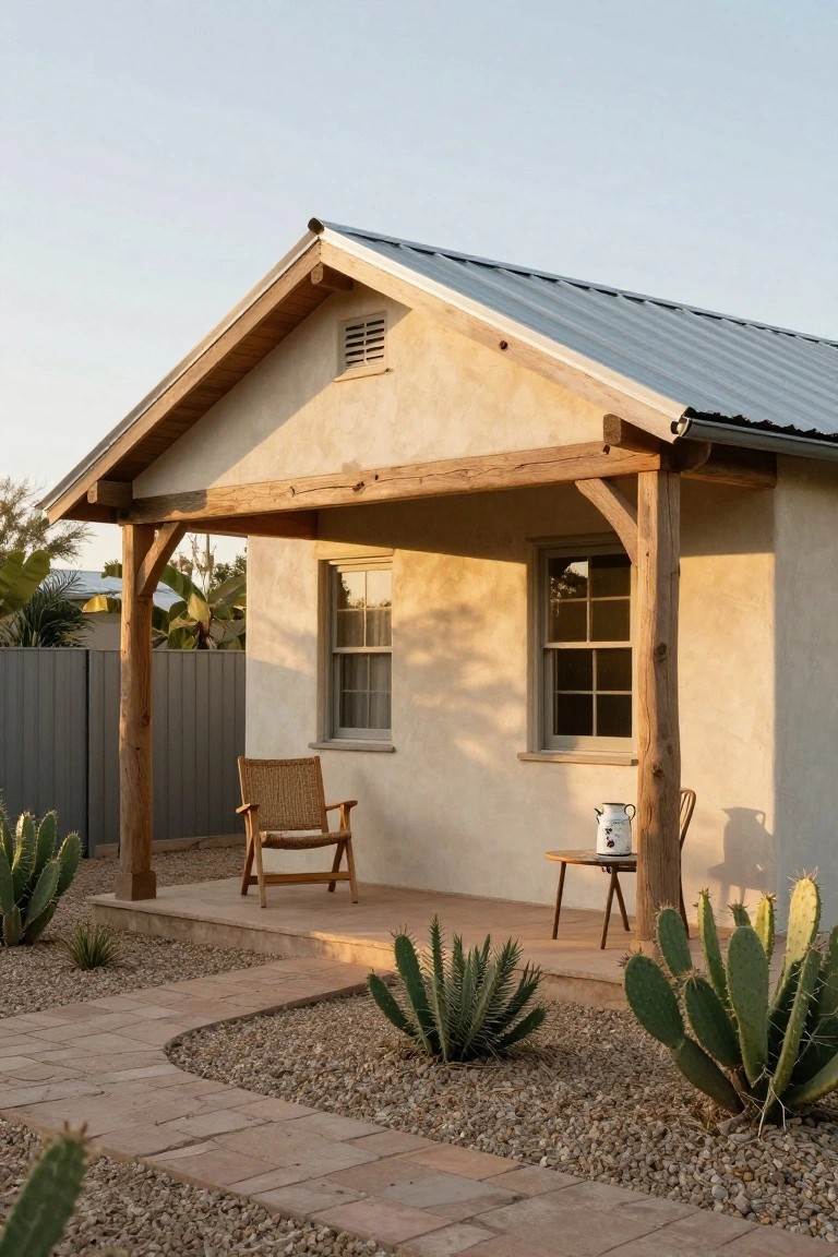 Small beige stucco house with gabled metal roof and porch supported by large exposed timber posts and beams, wicker chair and small table on porch, cacti plants and curved stone path in gravel yard.