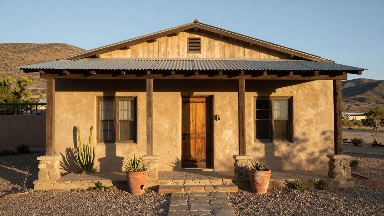 Beige stucco house exterior with a dark wooden double door under a covered porch supported by wooden beams and stone pillars, flanked by potted cacti and agave plants on gravel ground with stone steps leading up.