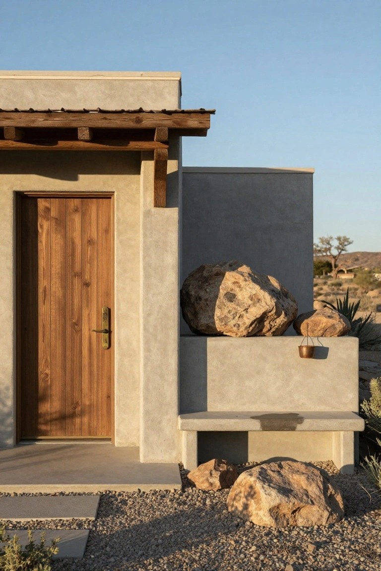 Beige stucco house exterior in desert landscape with wooden entry door, wooden pergola overhang, large tan boulders stacked on a ledge beside the door, small hanging copper pot, gravel ground cover, and distant Joshua trees under blue sky.