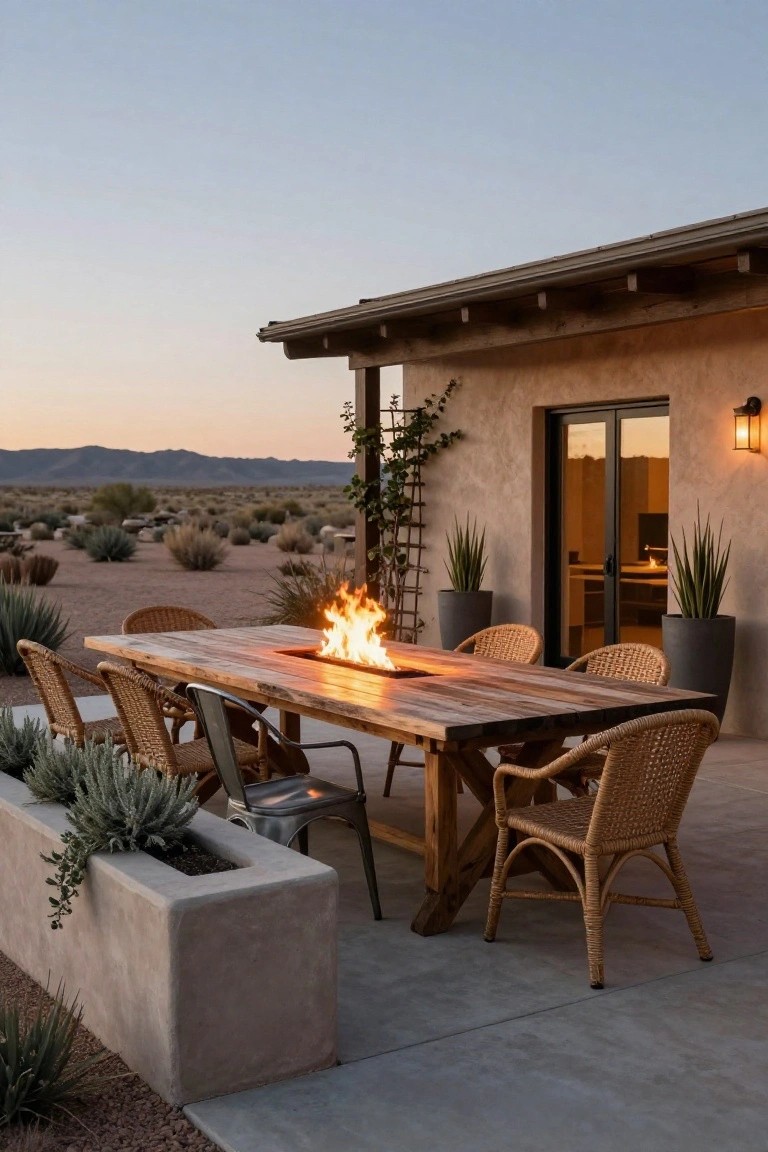Long wooden outdoor dining table with integrated linear fire pit in the center, surrounded by wicker and metal chairs, adjacent to beige stucco house wall with glass doors and potted plants in desert landscape at dusk.