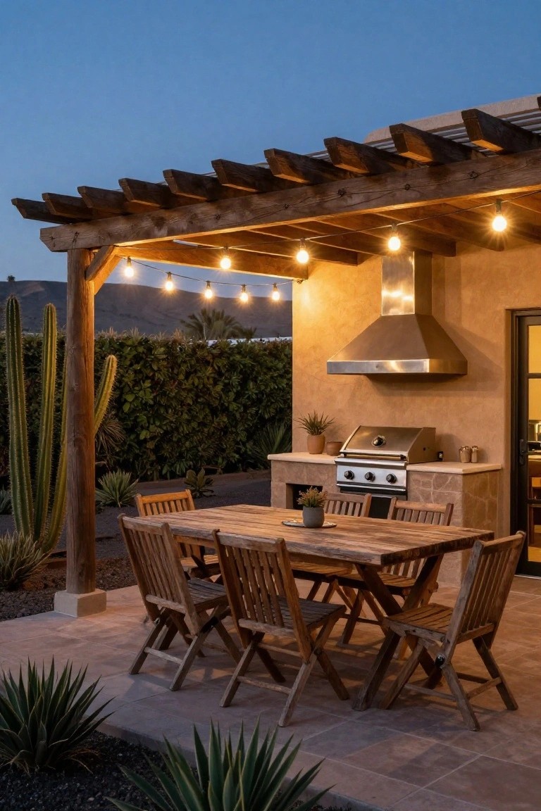 Wooden pergola covers an outdoor dining table with chairs next to a built-in stone grill island and stainless hood, string lights overhead, cacti plants, and adobe walls on a tiled patio at dusk.