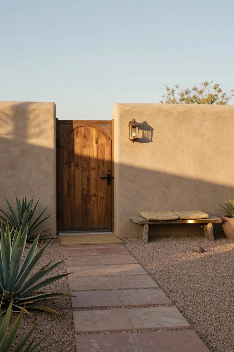 Wooden arched gate in beige stucco wall with black handle, stone tile path leading to it, agave plants on sides, wooden bench with cushions, lantern light, and gravel ground in desert setting.