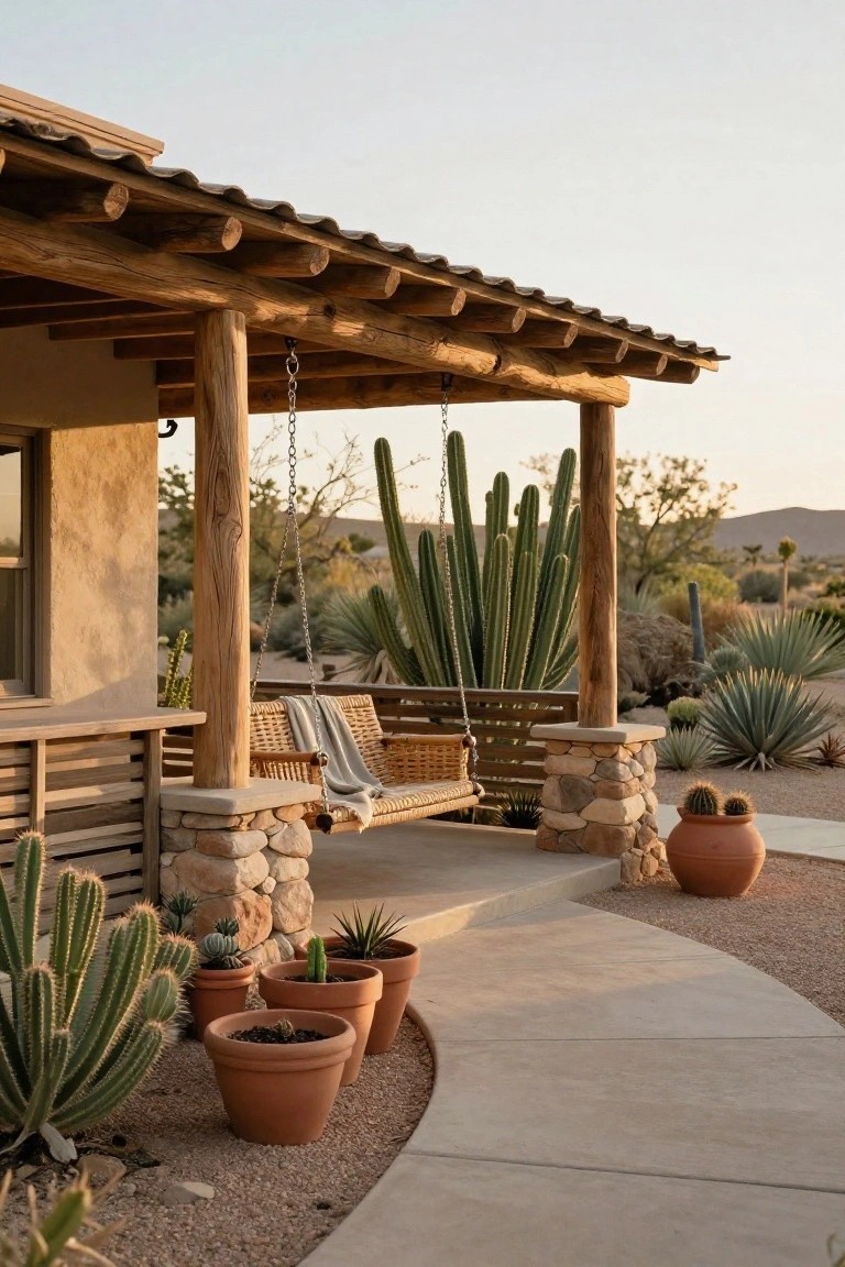 Rustic wooden porch on a desert adobe house with a chain-hung wicker swing draped in a blanket, surrounded by potted cacti and agave plants, stone pillar supports, and a curved concrete path at dusk.