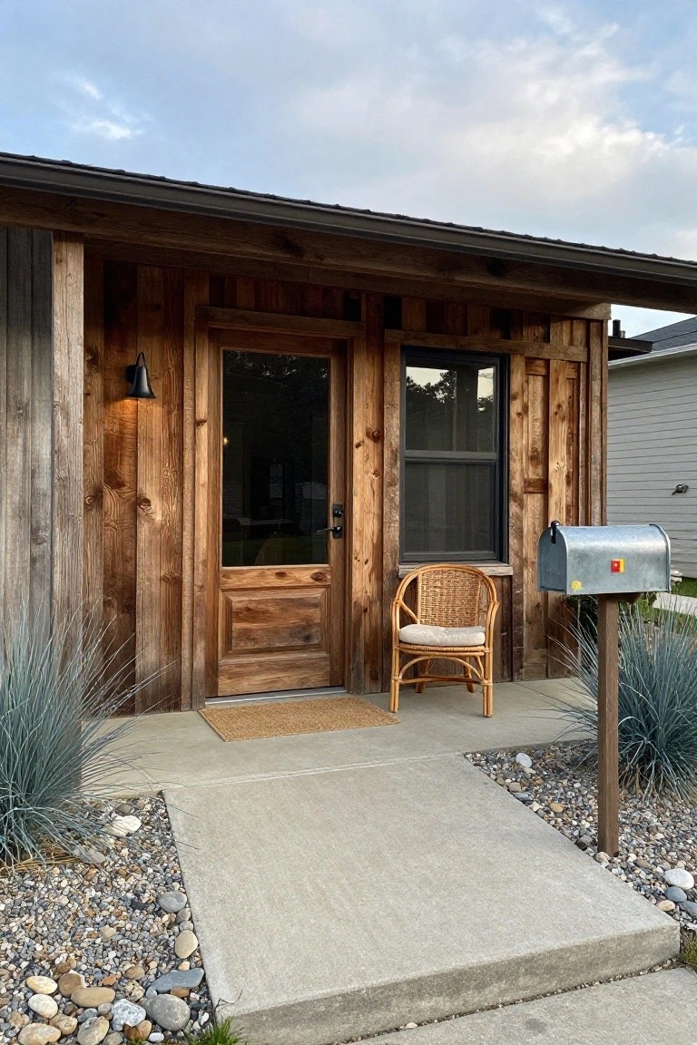 Front view of a small wooden structure with vertical board-and-batten siding, a clear glass front door, screened side window, black wall lantern, wicker chair on concrete stoop, blue agave plants, gravel border, and metal mailbox on post.