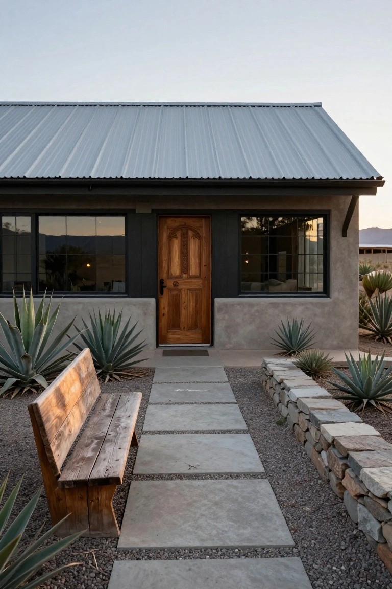 Rustic wooden door on a modern desert home with stone path and agave plants.