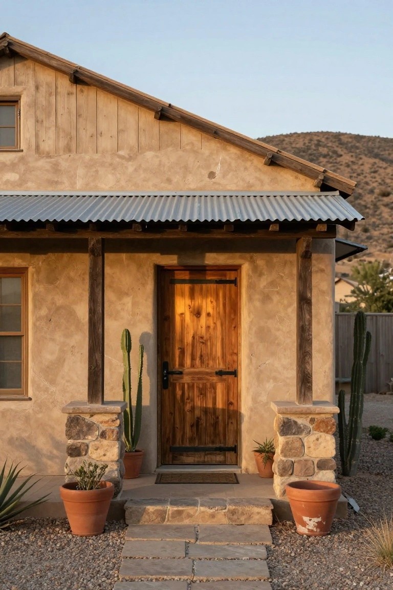 Beige stucco house exterior with a dark wooden double door under a covered porch supported by wooden beams and stone pillars, flanked by potted cacti and agave plants on gravel ground with stone steps leading up.