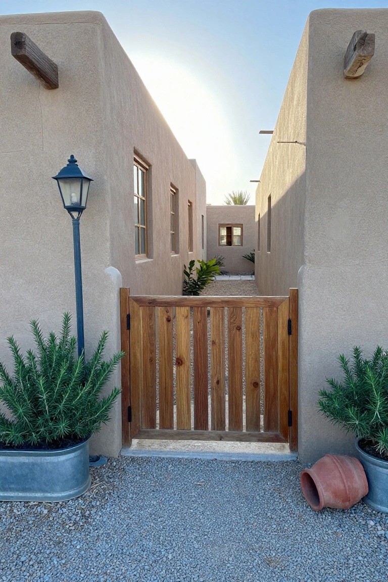 Narrow gravel pathway between tall beige adobe walls leading to a closed wooden slat gate, flanked by potted spiky green plants in metal troughs and pots, with a blue metal lantern post on the left under a clear blue sky.
