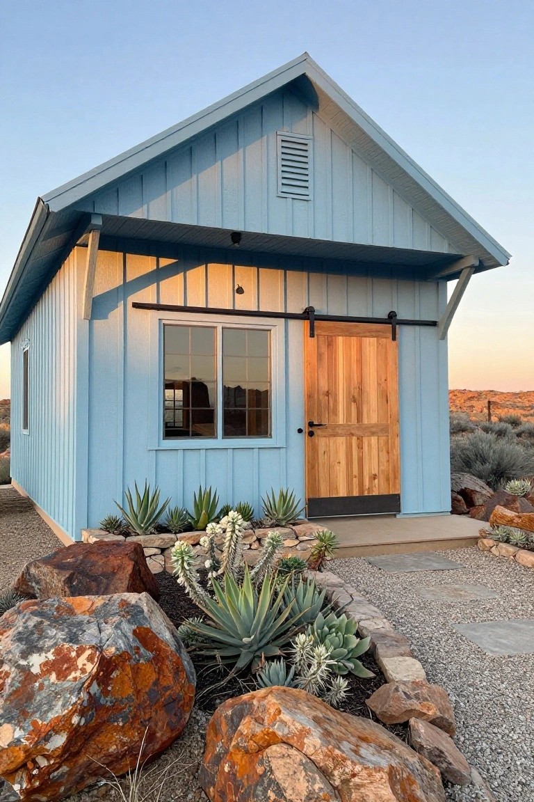 Light blue wooden gable-roofed cabin with sliding wooden barn door, single large window, vented gable end, and desert landscaping of agave plants, white flowers, and red rock boulders on gravel path at dusk.
