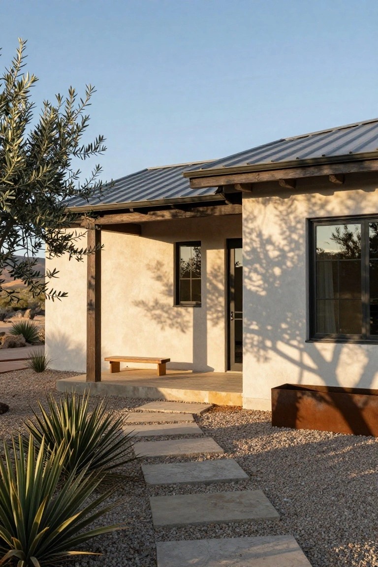 Beige stucco house exterior with corrugated metal roof, exposed wooden porch beam supporting a simple bench, dark door and window, olive tree, agave plants, stone pathway, and gravel yard in desert setting.