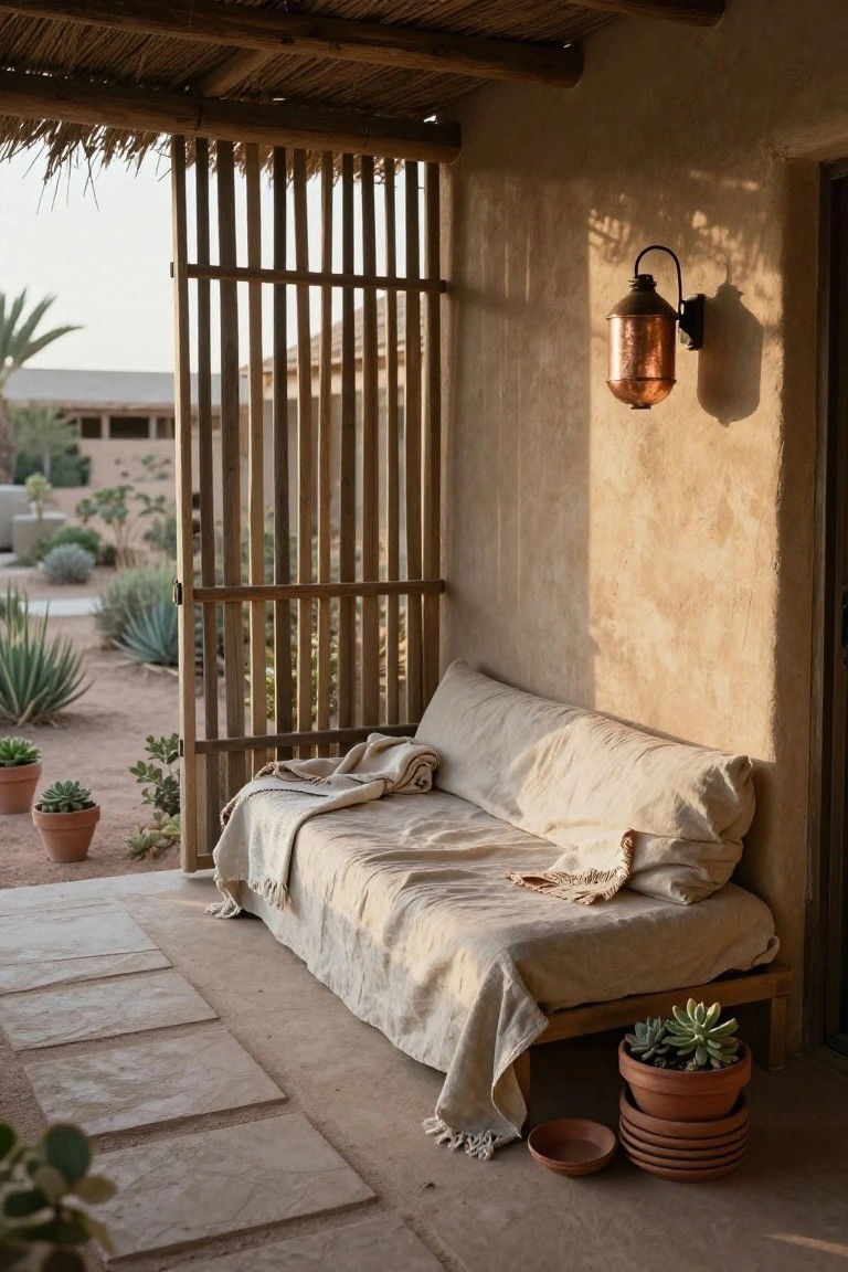 Shaded porch area with wooden slat screens, beige adobe wall, low wooden daybed covered in white linen bedding and blanket, stacked terracotta pots with succulents, and desert plants visible through the screens.