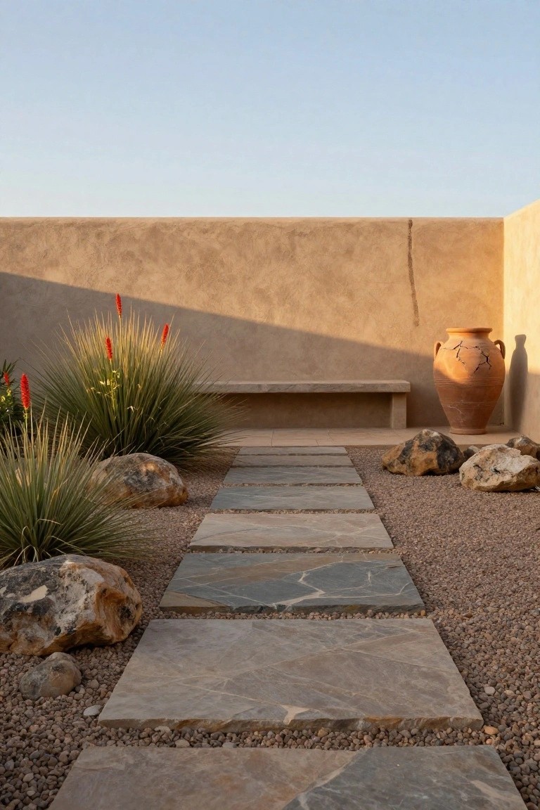 Gravel pathway with large irregular gray stone pavers spaced apart, flanked by boulders, desert grasses with red flower spikes, a bench against beige stucco walls, and a tall terracotta urn.