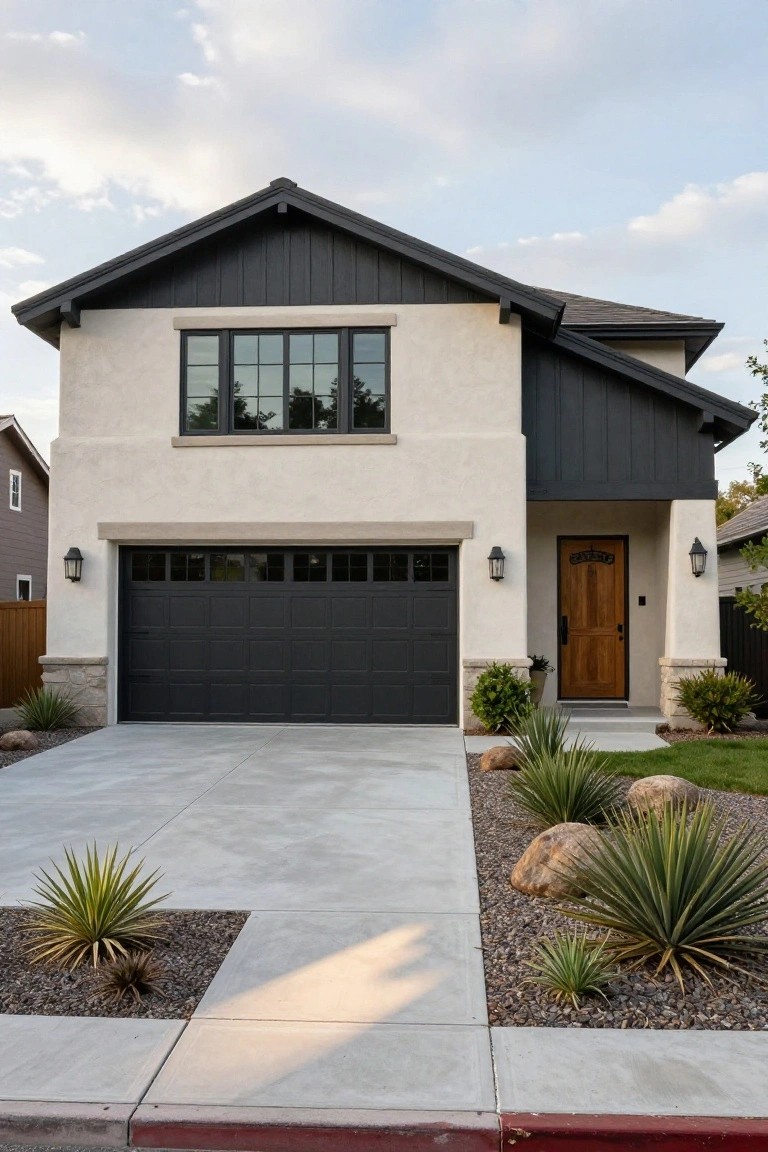 Modern two-story house exterior featuring light beige stucco walls, dark vertical board-and-batten siding on gabled roof sections, black two-car garage door, wooden front entry door, wall-mounted lanterns, and desert landscaping with agave plants, rocks, and gravel along a concrete driveway.